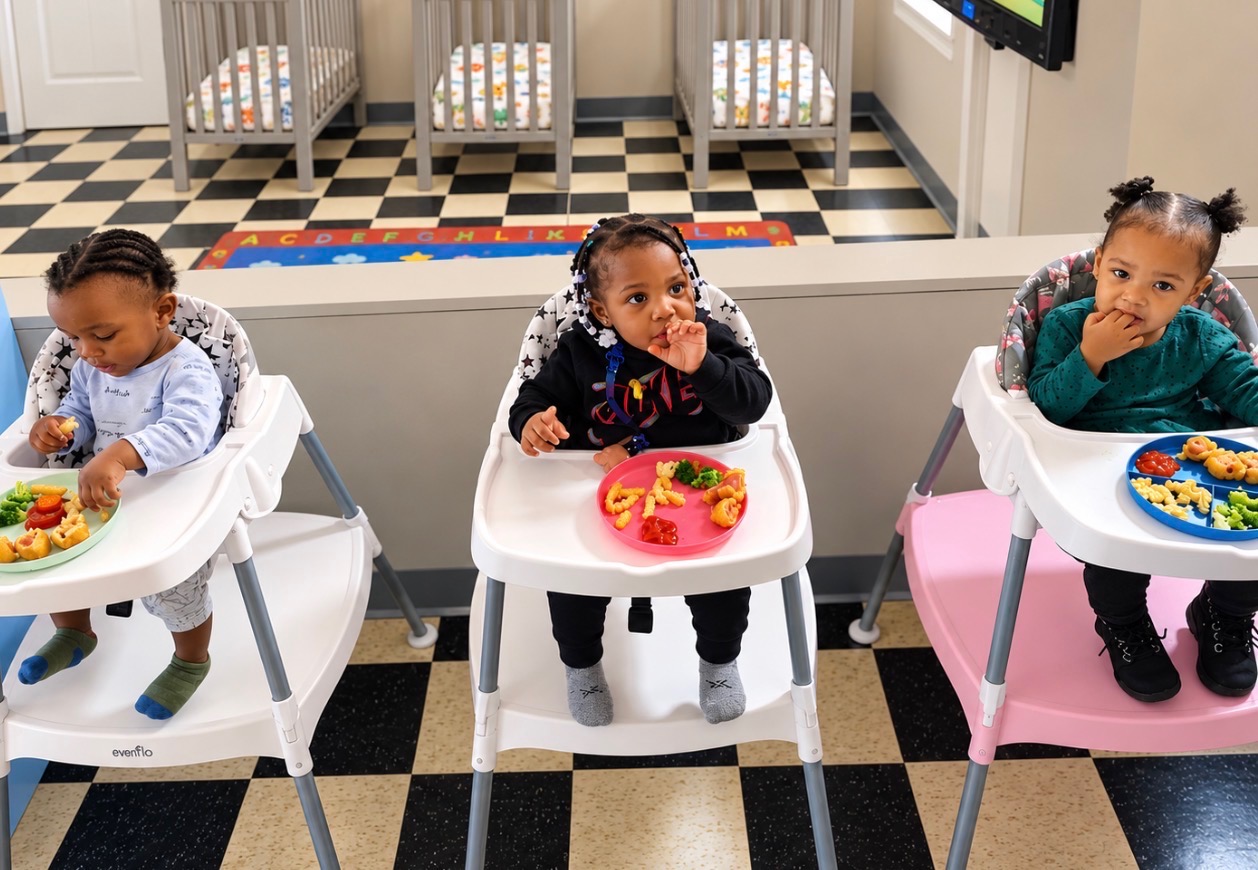Three infants seated in high chairs enjoying a healthy meal in the infant room