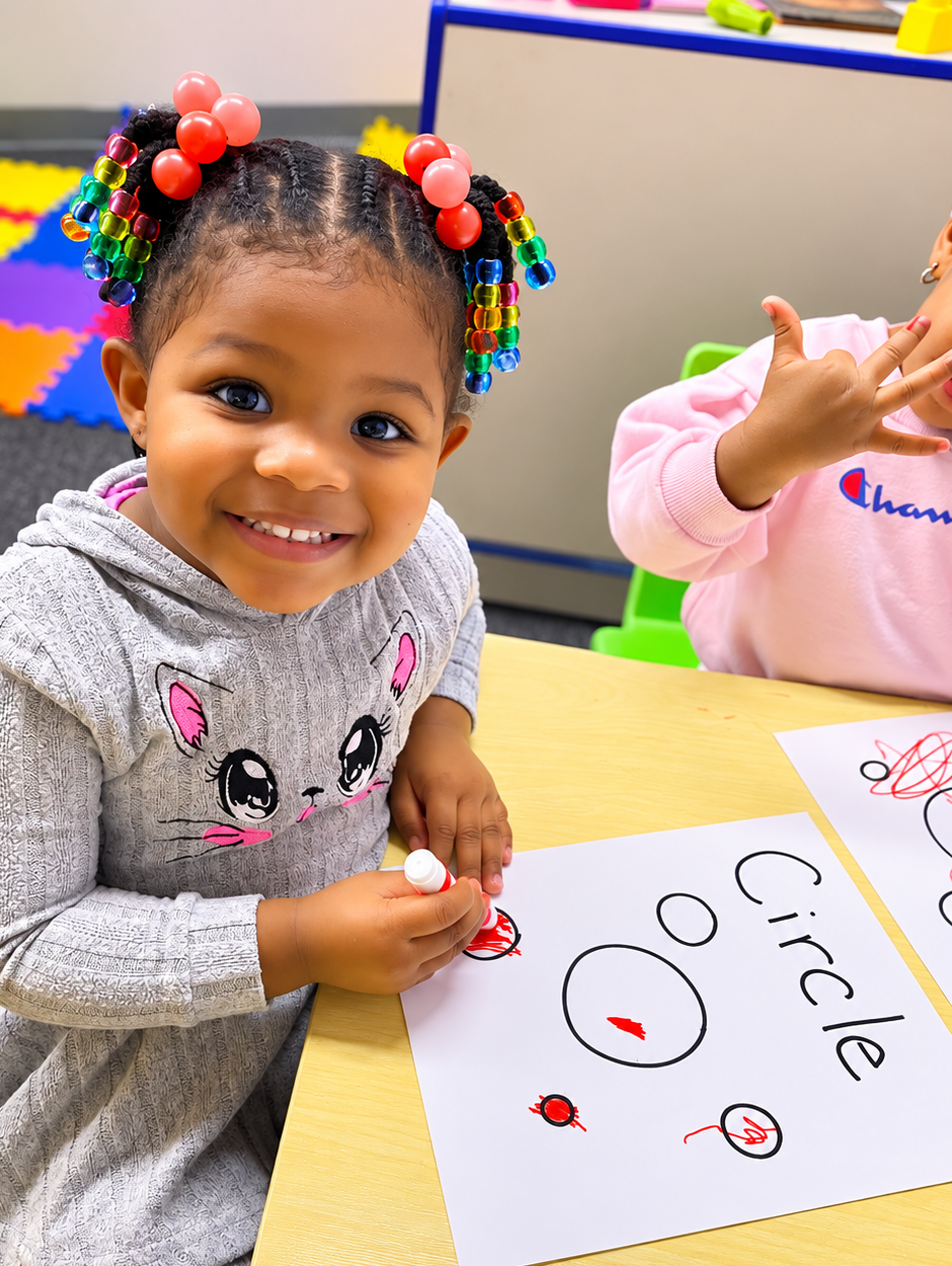 A smiling preschooler using a dot marker on a circle shape worksheet