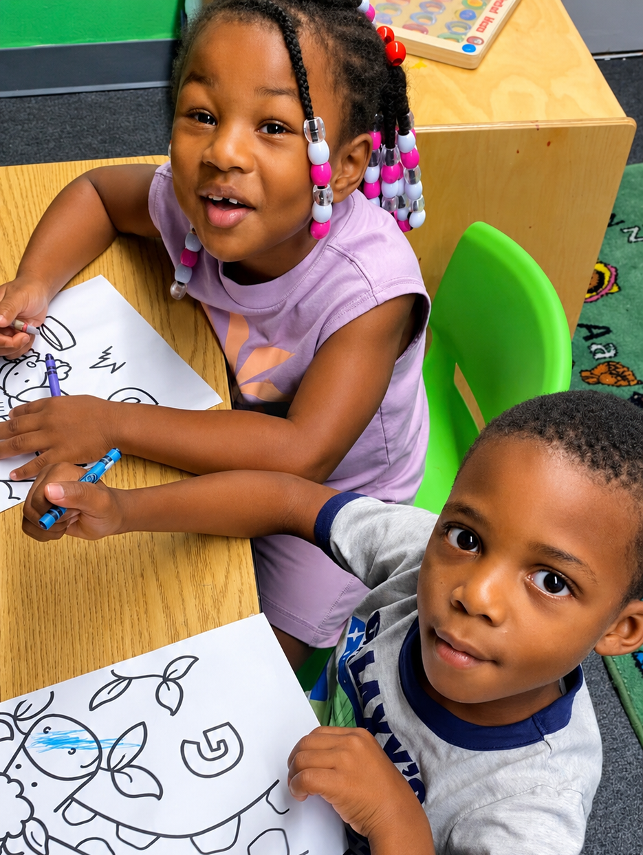 Two preschoolers coloring alphabet and letter worksheets together at a classroom table