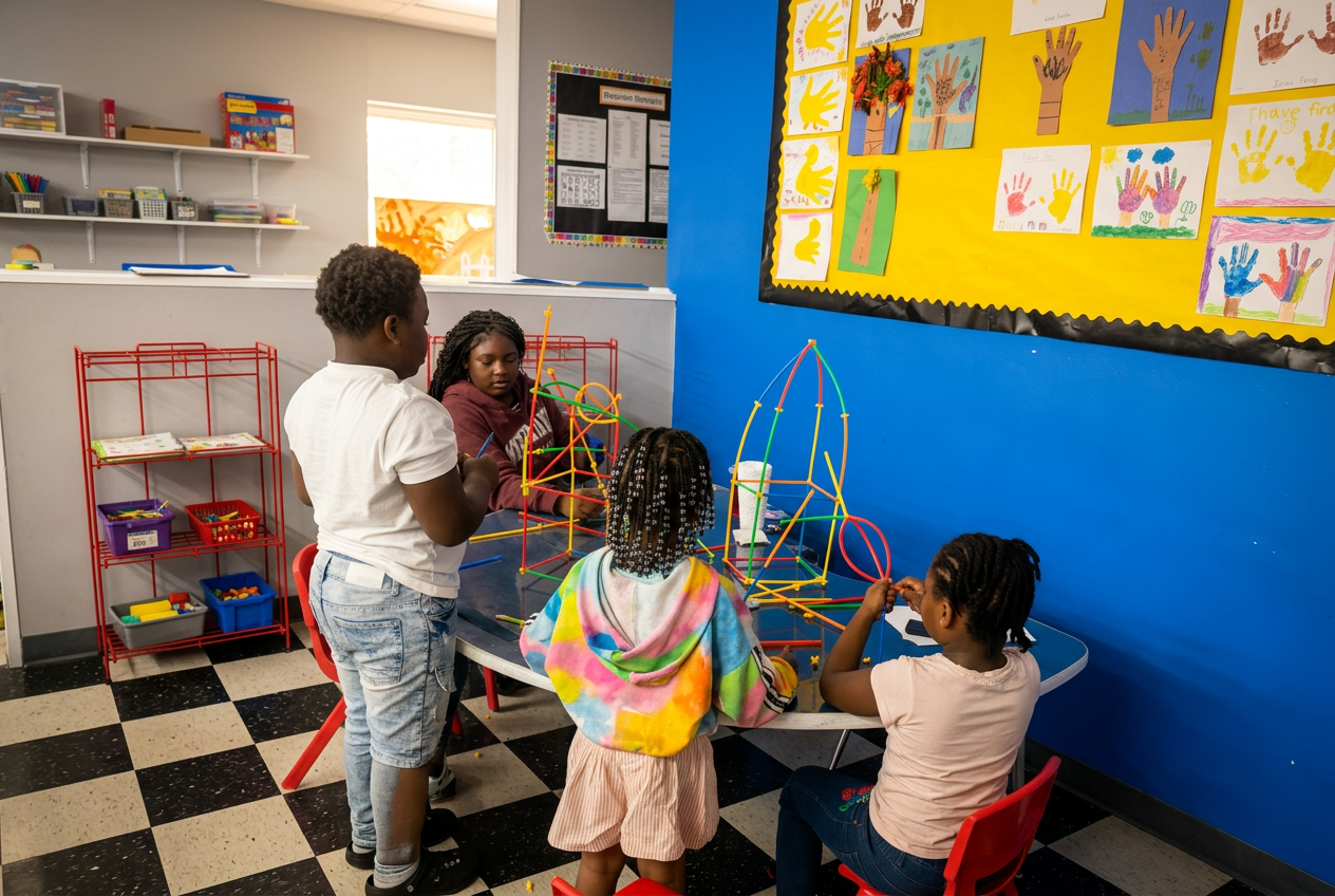 School-age children building with colorful connector straws