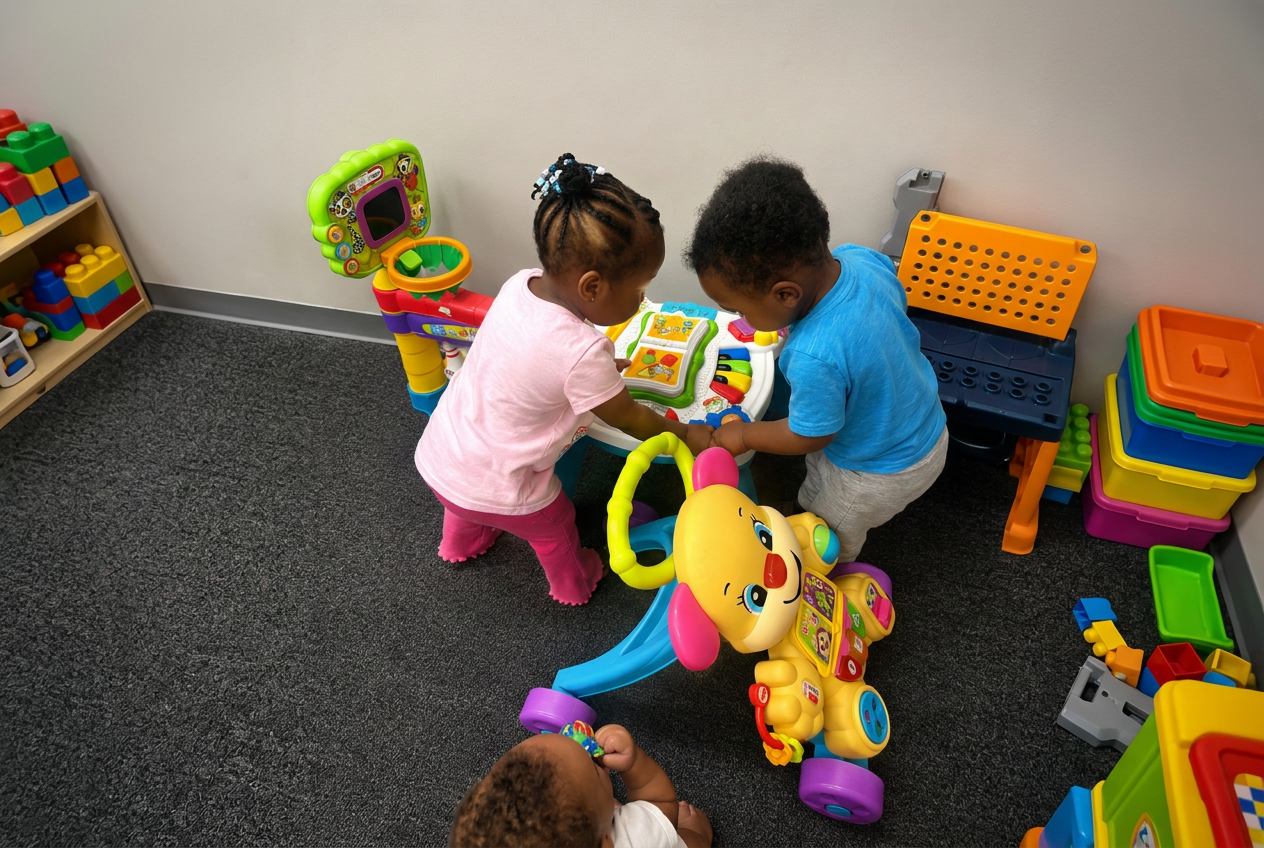 Two toddlers playing side by side at an activity table