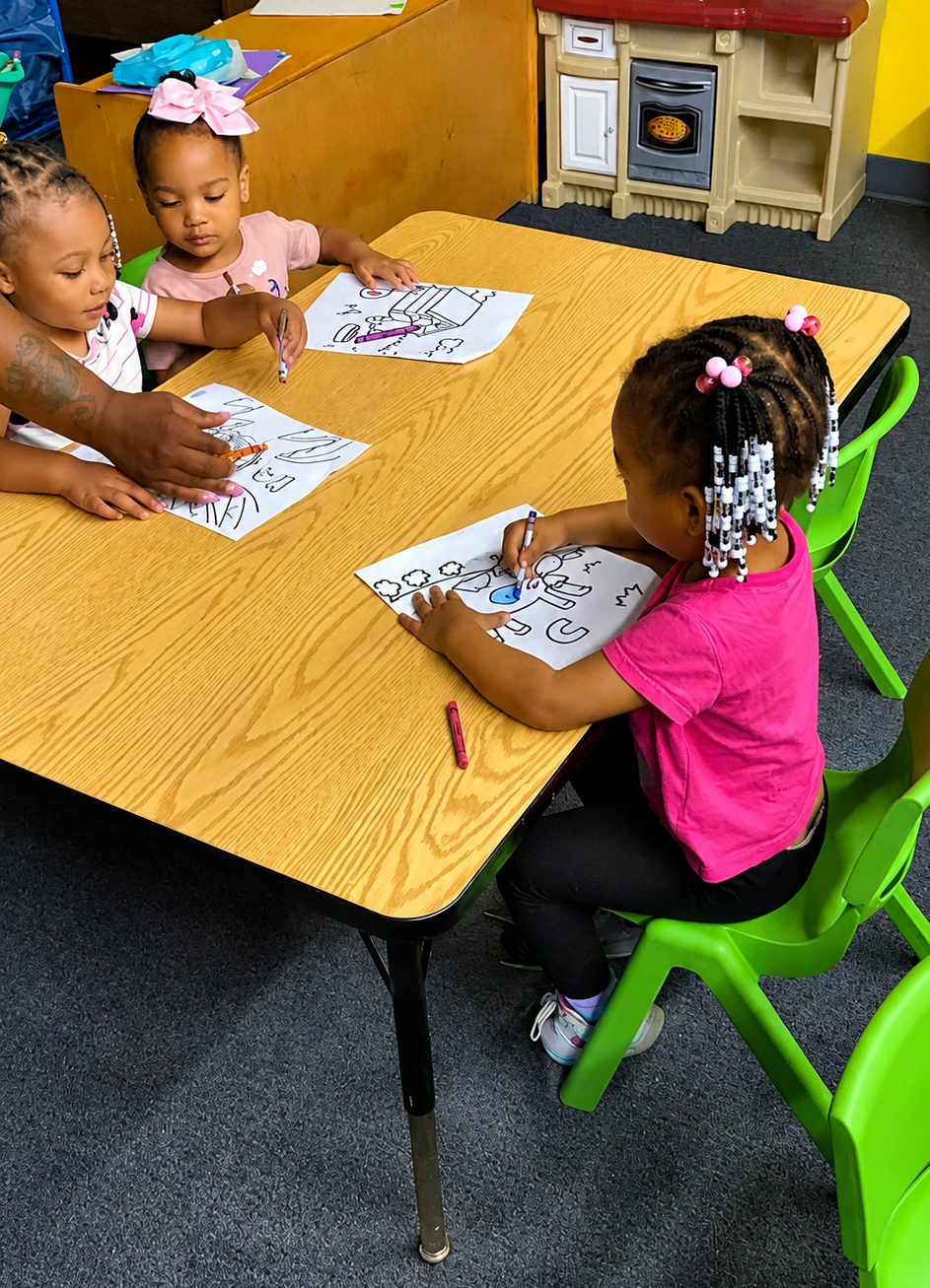 Toddlers coloring worksheets at a classroom table with their teacher